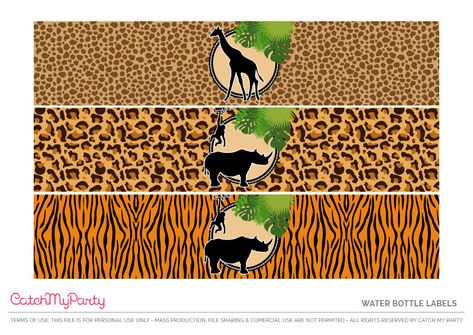 Download These Free Jungle Safari Printables Now - Water Bottle Labels. See more party ideas and share yours at CatchMyparty.com #catchmyparty #partyideas #freeprintables #freejunglesafariprintables #jungleparty #safariparty #junglepartydecorations #safaripartydecorations #junglesafariwaterbottlelabels Safari Water Bottle Labels, Basaar Idees, Safari Party Favors, Safari Cupcakes, Safari Party Decorations, Jungle Thema, Jungle Party Decorations, Motif Jungle, Printable Photo Props