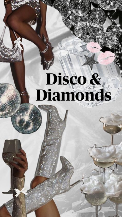 #nyeinspo #nye #silver #silveraesthetic #champagne #bacheloretteinspo #bachelorettetheme #partytheme #disco #diamonds #glam #glitter #sparkle Glitz And Glamour Party, Diamond Theme, Bachelorette Inspo, Champagne Birthday, Disco Birthday Party, Glamour Party, Disco Glam, Diamond Party, Disco Theme