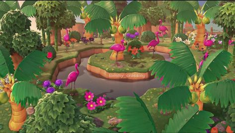 Acnh Flamingo, Pond Design Ideas, Animal Crossing Designs, Pond Animals, Animal Crossing 3ds, Animal Crossing Guide, Motif Tropical, Animal Crossing Wild World, Island Theme