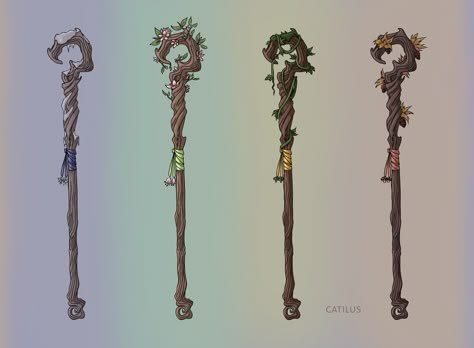 ArtStation - Staff of Seasons / The Staff of Emmantiensien, Christina Kritikou Mushroom Staff Art, Anime Staff Design, Dnd Staff Magic, Dnd Quarterstaff Druid, Druid Staff Art, Mage Staff Aesthetic, Druid Markings, Dnd Druid Staff, Dnd Staff Item