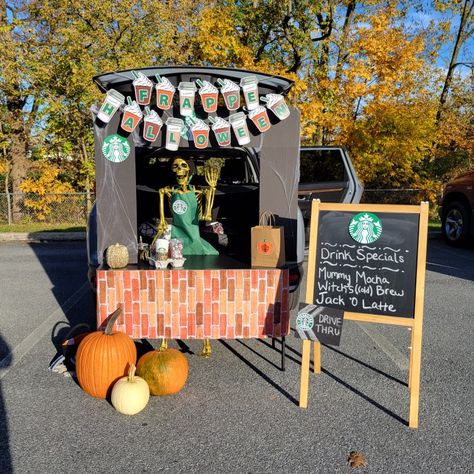 Starbucks Drive Thru Trunk Or Treat, Candy Shop Trunk Or Treat Ideas, Coffee Trunk Or Treat, Coffee Shop Trunk Or Treat, Easy Last Minute Trunk Or Treat Ideas, Tesla Trunk Or Treat Ideas, Truck And Treat Ideas, Clever Trunk Or Treat Ideas, Unique Trunk Or Treat Ideas For Cars