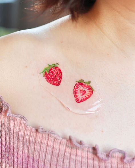 Strawberry Shoulder Tattoo Strawberry Tattoos Small, Strawberry Arm Tattoo, Strawberry Jam Tattoo, Tiny Strawberry Tattoo, Small Strawberry Tattoo, Cute Strawberry Tattoo, Strawberry Tattoo Minimalist, Strawberry Tattoo Ideas, Cutesy Tattoos