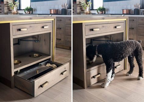 Pet Station with Water and Food Dishes and Storage - Studio Dearborn | Interior Design Storage Solutions Kitchen, Studio Dearborn, Dog Station, Dog Food Station, Handmade Stool, Pet Station, Pet Feeding Station, Dog Feeding Station, Pet Food Storage