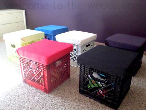 diy crate stools for toy storage, entertainment rec rooms, organizing, repurposing upcycling, storage ideas Crate Stools, Colorful Playroom, Diy Toy Storage, Leather Chaise, Milk Crate, Milk Crates, Simple Toys, Storage Stool, Organized Mom