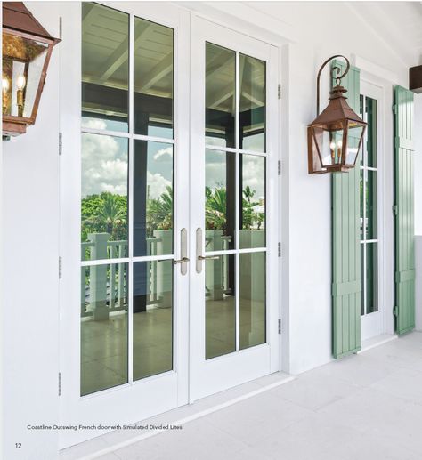 Coastline Swinging French Door | Marvin French Door Porch, Beach House French Doors, White French Door, Exterior French Doors, Back Door Ideas, Marvin Doors, Coastal Windows, Exterior House Doors, French Front Doors