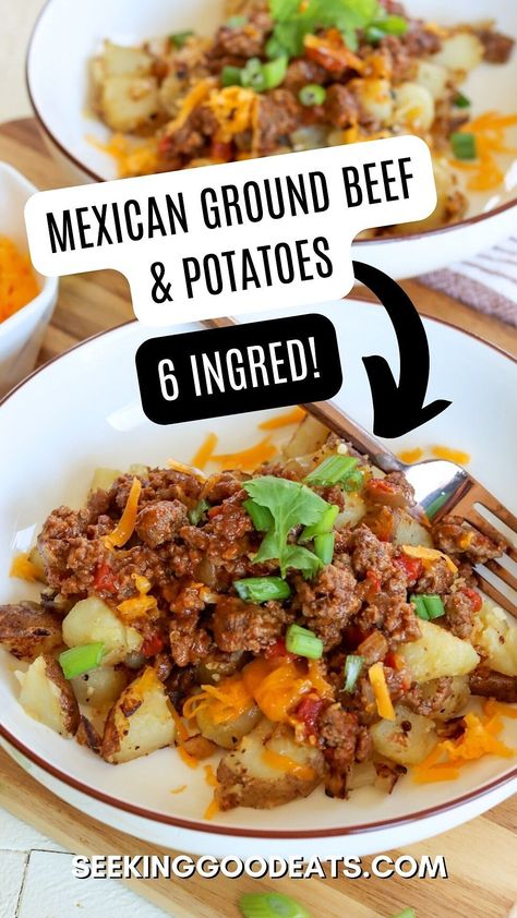 Mexican ground beef with potatoes is full of seasoned ground beef, skillet fried potatoes, caramelized onions, and melted cheesy goodness! Serve for dinner as a one-dish dinner, as a burrito filling, or for breakfast topped with a runny egg. Oh my. You gotta try this ground beef recipe with potatoes! 🥔 Diced Potatoes And Ground Beef, Ground Beef Recipes No Tomato, Potato Ground Beef Recipes, Ground Beef Breakfast Recipes, Ground Beef And Potato Recipes, Ground Beef With Potatoes, Hamburger Dinners, Hamburger Ideas, Beef With Potatoes