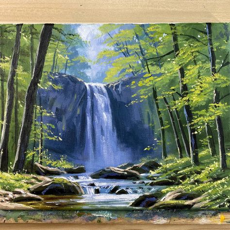 Correa Art, Drawing Borders, Beautiful Landscape Paintings, Painting Forest, Waterfall Pictures, Bridge Painting, Forest Waterfall, Waterfall Paintings, Waterfall Art