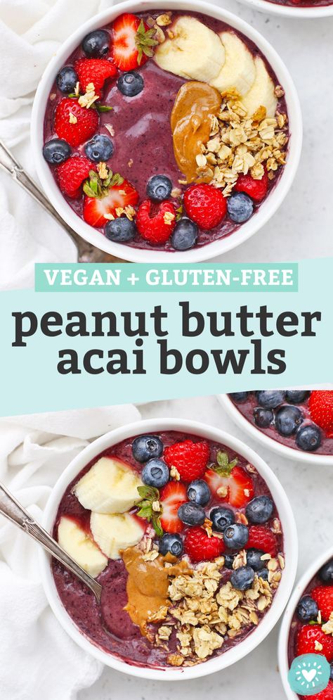 Peanut Butter Acai Bowls - Thich, creamy acai bowls made with plenty of berries and peanut butter. This healthy breakfast or snack is perfect any time! (Gluten-Free, Vegan) // Acai bowl recipe // healthy breakfast // vegan breakfast // smoothie bowl recipe // #breakfast #vegan #peanutbutter #acaibowl #smoothiebowl Acai Bowl Recipes Healthy, Vegan Acai Bowl, Breakfast Smoothie Bowl Recipes, Acai Bowl Recipe, Vegan Breakfast Smoothie, Bowl Recipes Easy, Acai Bowls Recipe, Breakfast Smoothie Bowl, Breakfast Vegan