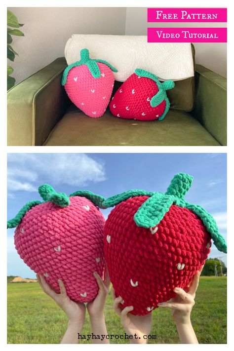 Giant Strawberry Plush Free Crochet Pattern and Video Tutorial Jumbo Strawberry Crochet Pattern, Big Strawberry Crochet Pattern, Large Strawberry Crochet Pattern, Crochet Strawberry Pillow Pattern Free, Big Crochet Plushies Pattern Free, Strawberry Crochet Pattern, Strawberry Crochet, Giant Strawberry, Lovey Crochet