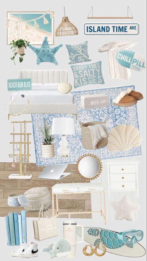 Beachy Rooms For Teens, Beach Room Preppy, Cute Beach Themed Bedrooms, Costal Granddaughter Dorm Room Decor, Beach Themed Desk, Beach Room Design, Room Ideas Aesthetic Coastal, Coastal Bedrooms Decor, Cute Beachy Rooms