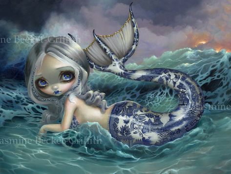 Porcelina by Jasmine Becket-Griffith mermaid with blue and white porcelain design on Strangeling china willowers ocean tail Jasmine Becket Griffith Mermaid, Pumpkin Song, Mermaid Canvas, Folklore Art, Porcelain Design, Jasmine Becket Griffith, Big Eyes Art, Mermaid Art, Fairy Art