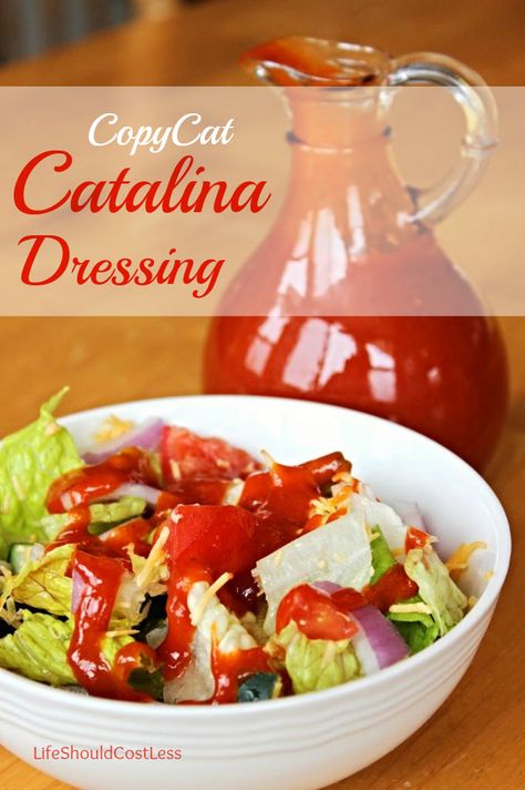 Yum! When I first discovered the original recipe for the copycat of Kraft Catalina Dressing I was very pleased with the end result. It tastes just like it.  It’s REALLY sweet though, too sweet. I got a sugar headache from it, and no one should suffer while trying to enjoy a salad. So, I did... Read more Catalina Dressing Recipes, Catalina Salad, Catalina Salad Dressing, Catalina Dressing, Recipes Copycat, Salad Dressing Recipes Homemade, Copykat Recipes, Homemade Salads, Dressing Recipes