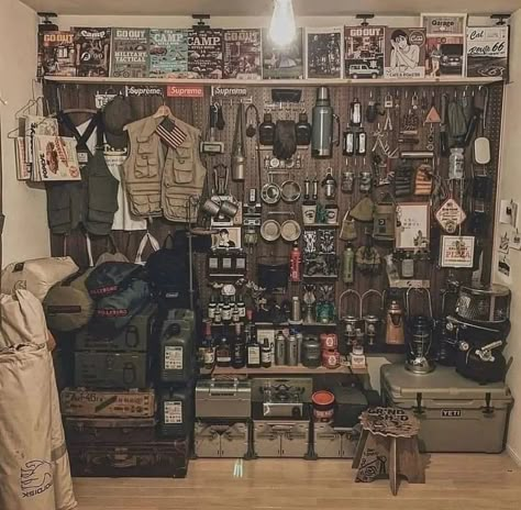 Adventure Gear Storage, Apocalypse Room, Gear Room Organization, Hunting Gear Storage, Fishing Gear Organization, Tactical Gear Storage, Camping Gear Storage, Camping Room, Adventure Room