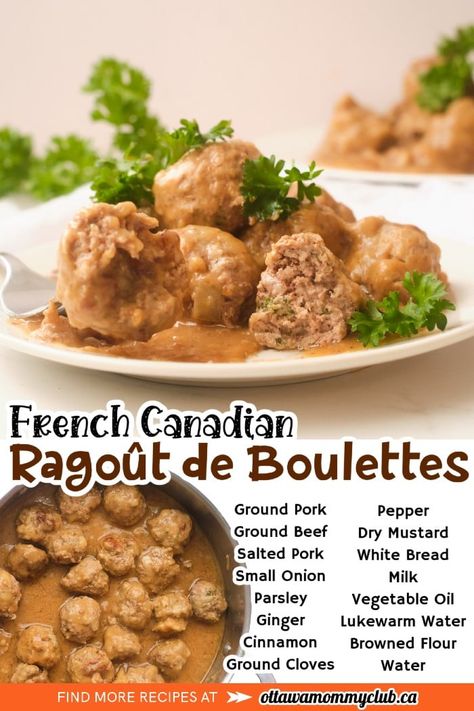 French Canadian Ragoût de Boulettes (Meatball Stew) recipe French Canadian Ragout, Canadian Food Recipes Traditional, Metis Recipes, French Ragout Recipe, French Canadian Recipes, Olympics Food, Canadian Food Recipes, Canadian Desserts, Meatball Stew Recipe