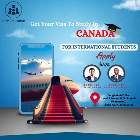 Get Professional One Stop Advice from Study Visa to Citizenship from Australian and British Barristers and Immigration Lawyers. UDP Education is an Australian owned and operated leading Educational and Immigration Consultant with offices in Australia, England, Bangladesh and India. We are operated by prominent Australian and British Barristers with years of experience in Education Consultancy and Immigration Law and they are available to support you throughout your journey to study, work and... Canada Study Visa Creative Ads, Ielts General, Canada Study Visa, Study Abroad Travel, Canada Study, Digital Advertising Design, Study In Canada, Australia Visa, Immigration Consultant