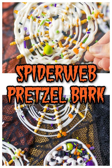 halloween bark, halloween snacks, halloween treats to make with kids, no bake halloween dessert, no bake halloween treat, pretzel bark, spiderweb bark Spiderweb Pretzels, Pretzel Bark, Halloween Pretzels, White Chocolate Pretzels, Pretzel Treats, Halloween Sprinkles, Kid Friendly Halloween, Salty Treats, Easy Treat