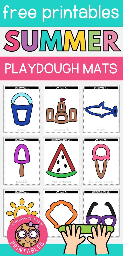 Image shows 9 free printable summer playdough mats featuring a sand bucket, sand castle, shark, popsicle, watermelon slice, ice cream, sum, shell, and a pair of sunglasses. Summer Playdough Mats, Playdough Printables, Play Doh Activities, Summer School Activities, Summer Vocabulary, Summer Activities For Toddlers, Summer At Home, Free Summer Activities, Summer Preschool Activities