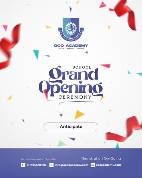 OCO Academy Opening Flyer Now Open Flyer Design, Opening Flyer Design, Church Background, Church Banners Designs, Church Media Design, Flyers Design, Media Poster, Graduation Design, Photoshop Design Ideas