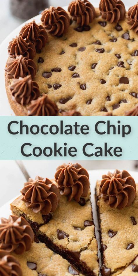 Cookie Cake Premade Dough, Cookie Cake Recipe Chocolate Chip, Frosting For Chocolate Chip Cookies, Chocolate Chip Birthday Cookie, Soft Cookie Cake Recipe, Chewy Cookie Cake, Cookie Cake Using Store Bought Dough, Dessert Recipes With Chocolate Chips, Brownie Cookie Cake Birthday