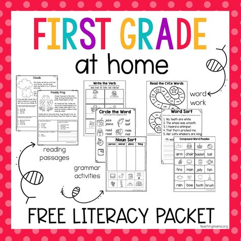 First Grade At Home Literacy Packet First Grade Literacy, First Grade Curriculum, First Grade Reading Comprehension, Teaching Mama, First Grade Lessons, First Grade Phonics, Cvce Words, First Grade Worksheets, Nouns And Verbs