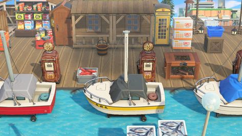 Grab something at the dock side grocery convenience store while fueling up your boat Twitter @KrystalDuttonAC Instagram @animal.crossing.island.ideas Animal Crossing Harbor Ideas, Acnh Yacht Dock Ideas, Animal Crossing Boat Dock Ideas, Acnh Boat Dock Ideas, Acnh Boat Dock Design, Animal Crossing Boat Dock, Animal Crossing Harbor, Fishing Dock Ideas, Acnh Boat Dock