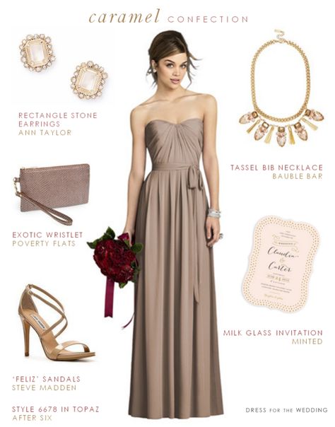 Taupe Bridesmaid Dress  --  Dress: After Six  // Earrings:  Ann Taylor // Necklace: Bauble Bar  // Invitation: Minted //  Sandals: DSW // Wristlet: Nordstrom Taupe Dress Outfit, Lavender Bridesmaid Dresses Long, Taupe Bridesmaid, Taupe Bridesmaid Dresses, Lilac Bridesmaid Dresses, Bridesmaid Dresses Under 100, Taupe Dress, Bridesmaids Dress Inspiration, Fall Bridesmaid Dresses