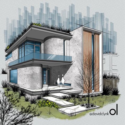 Digital Building Art, Modern House Architecture Design Sketch, Two Point Perspective Architecture, House Perspective Architecture, Perspective Art Architecture, Sketch Up House Design, Procreate Architecture Sketch, Modern House Sketch Architecture, House Architecture Design Sketch