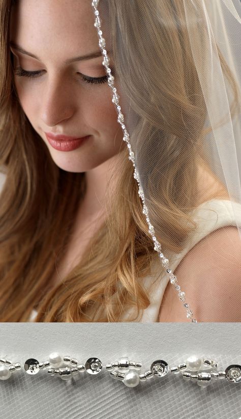 Lily Pearl Beaded Bridal Veil Bridal Veil Ideas, Bridal Beading, Beaded Edge Veil, Beaded Bridal Veil, Beaded Veil, Diy Wedding Veil, Fingertip Length Veil, Beaded Wedding Veils, Bridal Veils And Headpieces