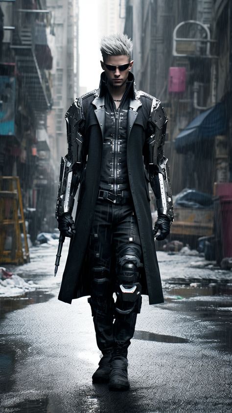 Cyberpunk created with AI by Amanda Church Men’s Cyberpunk Outfit, Cyberpunk Suit And Tie, Cyberpunk Characters Male, Cyberpunk Corporate Male, Formal Cyberpunk Outfit Male, Cyberpunk Suit Men, Cyberpunk Agent, Male Cyberpunk Outfit, Cyberpunk Fashion Futuristic Clothing