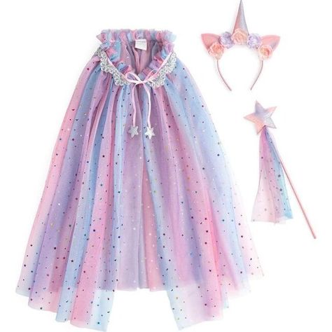 The perfect gift for any child who loves unicorns! Sweet Wink cape kits are designed for the little kids that love to play pretend, dress up, and believe they are superheroes - because they are! Capes are made with super soft tulle (that doesn’t scratch or itch!) and paired with a matching wand and hair accessory. Includes: 1 Cape, 1 Wand , 1 Unicorn Headband Cape Features: Adjustable necktie, One size fits children ages 3-6 years old Dimensions: Neck-14 inches, Length-28 inches | Sweet Wink | U Great Halloween Costumes, Multicolor Sequins, 30th Party, Party Things, Capes For Kids, Unicorn Dress, Unicorn Headband, Purple Unicorn, Girls Dress Up