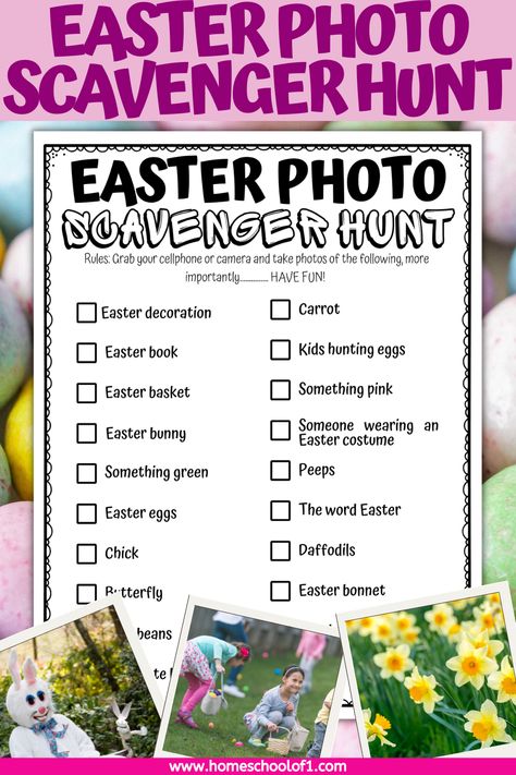 Easter photo scavenger hunt with 3 polaroid photos of an Easter bunny, children collecting Easter eggs, and dafoddils Easter Photo Scavenger Hunt, Easter With Teens, Easter Hunt For Teens, Scavenger Hunt For Teens, Ward Activities, Easter Egg Hunt Clues, Pink Easter Basket, Easter Scavenger Hunt, Snap Photos