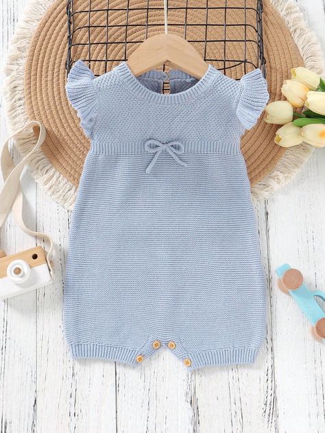 Baby Girl Bow Knot Decorated Ruffled Hem Knitted Romper Blue Casual  Sleeveless Knitwear Plain Bodysuits,Jumpsuit,Romper Medium Stretch  Baby Girls Clothing, size features are:Bust: ,Length: ,Sleeve Length: Crochet Baby Sweaters, Baby Knitwear, Baby Sewing Patterns, Knitted Romper, Bow Knot, Baby Pants