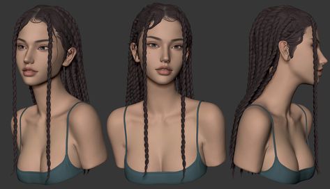 Character Model Sheet T Pose, Girl Face Reference, Ideas For Animation, Long Hair Character, 3d Modeling Reference, Body Base Reference, Character Design Inspiration Concept Art, Blender Hair, Head Pose