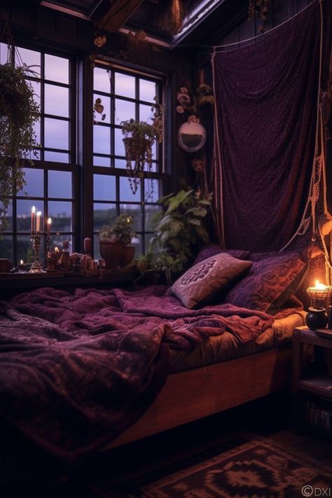 Witchy Bedroom Ideas, Romantic Bedroom Design, Witchy Bedroom, Goth Bedroom, Bedroom Ideas Romantic, Fantasy Bedroom, Purple Bedrooms, Bedroom Ambiance, Purple Bedroom