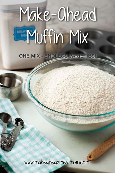 Delicious bakery-style muffins any time you want! One basic mix can be used to make an endless variety of muffin flavors! Mix keeps for 3-6 months. Don't waste your money at the bakery or coffee shop when you can make your own delicious muffins in minutes and for just pennies! #makeahead #makeyourown #makeaheadmix #muffins #muffinmix #makeaheadmealmom #makeaheadmuffinmix Basic Muffin Mix Bulk, Muffins For Two People, Oatmeal Muffin Mix Recipes, Homemade Muffin Mix In A Jar, Homemade Muffin Mix Bulk, Dry Muffin Mix Recipes, Bulk Muffin Mix Recipe, Diy Muffin Mix Recipes, Homemade Muffin Mix Recipes