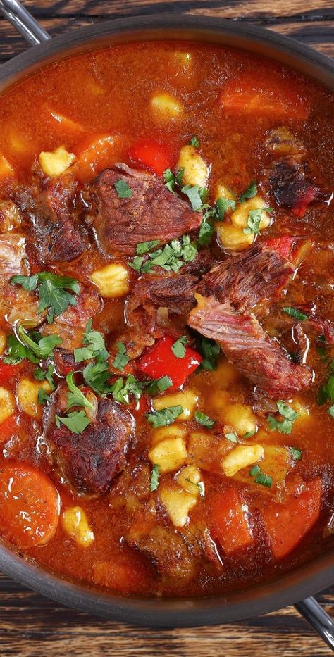 Slow cooker tomato-beef soup. Cubed beef with vegetables and spices cooked in a slow cooker. #slowcooker #crockpot #beef #dinner #toamto #soup #homemade #delicious Pork Ragout Recipe, Beef Cheeks Slow Cooker, Beef With Vegetables, Ragout Recipe, Homemade Beef Broth, Slow Cooker Ribs Recipe, Tomato Beef, Korean Beef Recipes, Beef Recipe Instant Pot