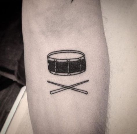 Drum Stick Tattoo Small, Small Drum Tattoo, Drumstick Tattoo Ideas, Drum Tatoos, Drumming Tattoos, Drum Tattoos For Men, Drums Tattoo Ideas, Drummer Tattoo Ideas, Drum Tattoo Ideas