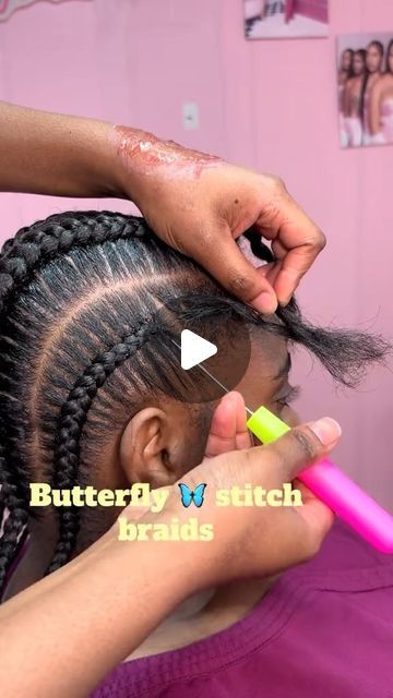 MobileBraids on Instagram: "Butterfly  stitch braids 🦋 😍😍  . Video by @hairslaybybarbie 📍Based out of Broward FL 💛💛💛 . . . . . . . . .  #braidstribe #butterflybraids #blackhaircommunity #blackhairdontcare #butterflybraid #4cnaturalhair #cornrowstyles #cornrowsbraids #learntobraid" Short Hair With Fringe, French Braid Tool, Hair With Fringe, Butterfly Braids, Butterfly Stitch, Style Braids, Butterfly Braid, Braid Tool, Butterfly Stitches