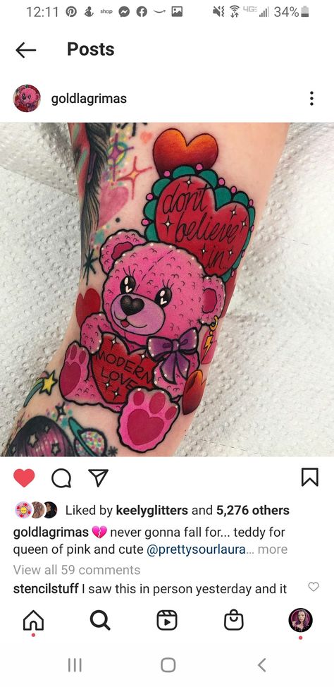 Kawaii Teddy Bear, Bear Tattoo Designs, Pink Tattoo, Sugar Bears, Bear Tattoos, Bow Tattoo, Bear Tattoo, Cute Bear, Color Tattoo