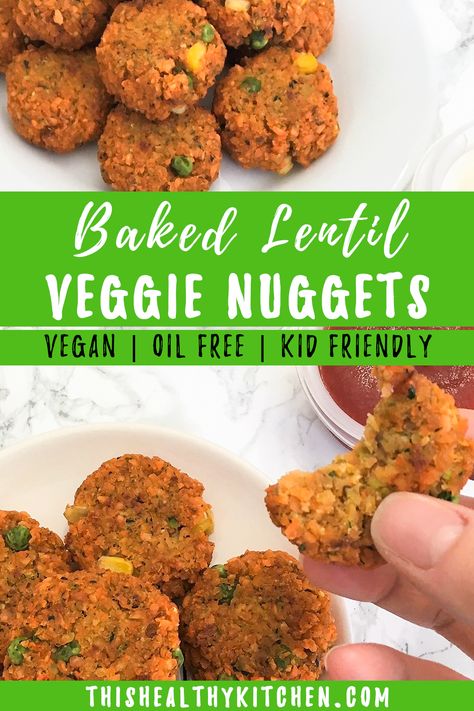 Are you looking for healthy kid friendly recipes? Learn how to make this easy, baked veggie nuggets recipe that you and your picky eaters will love. These tasty bites have protein dense lentils and tons of vegetables like zucchini, carrots and peas. Bonus, they are vegan, dairy free and perfect for dipping. Lentils Recipe Blw, Blw Lentils, Lentil Toddler Recipes, Lentil Snack Recipes, Baby Lentil Recipe, Healthy Kid Friendly Recipes, Vegetarian Toddler Meals, Vegan Blw, Healthy Whole Food Recipes