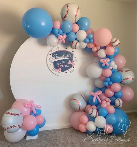 Baseballs And Bows Gender Reveal Decorations, Bows Or Balls Gender Reveal, Sporty Gender Reveal Ideas, Baseball Vs Bows Gender Reveal, Sport Gender Reveal, Gender Reveal Ideas Baseball Theme, Baseball Or Ballet Gender Reveal, Gender Reveal Ideas Baseball And Bows, Balls Or Bows Gender Reveal