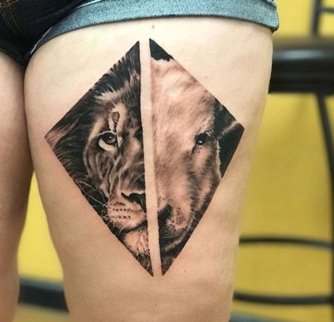 Lion and the Lamb tattoo #tattooideas #mentattoo Geometric Lamb Tattoo, Lion And Lamb Tattoo Men, Half Lion Half Lamb Tattoo, Lamb Tattoo Men, Lion And The Lamb Tattoo For Women, The Lion And The Lamb Tattoo, Christian Thigh Tattoos For Men, Christian Lion Tattoo For Women, Lion And Lamb Tattoo Women