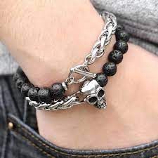 Skull Charm Bracelets for Men Stainless Steel Double Layered Wheat Link Black Lava Beaded Halloween Male Jewelry 8/10mm DDB183|Chain & Link Bracelets| - AliExpress Lava Bead Bracelet, Lava Stone Bracelet, Oil Diffuser Bracelet, Black Beaded Bracelets, Skull Clothing, Lava Bracelet, Jewelry Men, Skull Bracelet, Diffuser Bracelets