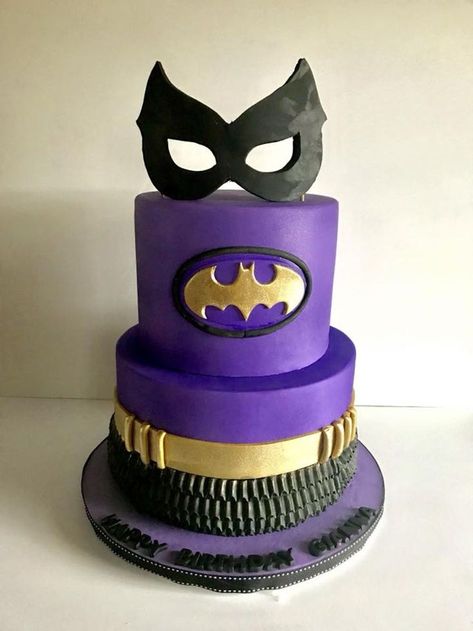 Bat Girl Cake 2 tier fondant cake 9" and 7" to resemble bat girl outfit from super girls Batgirl Cake Ideas, Batgirl Party Ideas, 2 Tier Fondant Cake, Batgirl Cake, Batgirl Party, Cake 2 Tier, Superhero Cakes, Wonder Woman Party, Superhero Birthday Cake