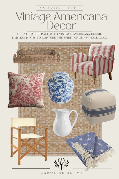 Transform your home into a summer oasis with vintage Americana decor! Explore patriotic finds and timeless vintage style to elevate your space. Discover charming home decor ideas perfect for the season. 🇺🇸 #HomeDecor #AmericanaDecor #VintageStyle #SummerDecor #AmazonFinds Modern Americana Decor, Americana Room, Americana Living Rooms, Vintage Americana Decor, Vintage Americana Aesthetic, American Cottage, Americana Home Decor, Modern Americana, Fourth Of July Celebration