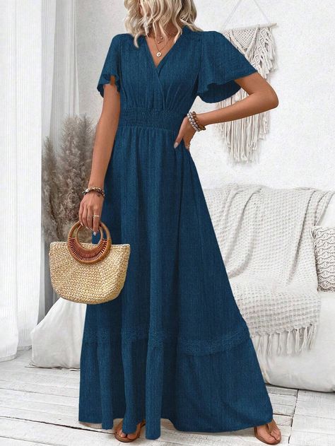 SHEIN VCAY Women's V-Neck Ruffle Sleeve Waist Tie Beach Vacation Casual Dress | SHEIN USA Long Flowy Dress, Summer Dresses Casual, Long Sundress, Girl Fashion Style, Dark Blue Dress, Style Spring, Vacation Style, Women Maxi