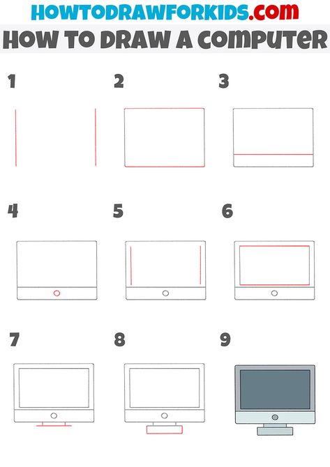 how to draw a computer step by step Computer Drawing Easy, Draw A Computer, Etch A Sketch Art, Drawing Items, Draw Objects, Laptop Drawing, Calendar Doodles, Doodle Art For Beginners, Computer Drawing