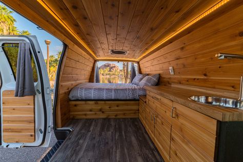 KLONDIKE Ford E-Series Camper Van Chevrolet Interior, Cedar Interior, Boho Camper, Butcher Block Tables, Chevrolet Van, Nomadic Life, Ford Transit Camper, Roof Fan, Ford E250