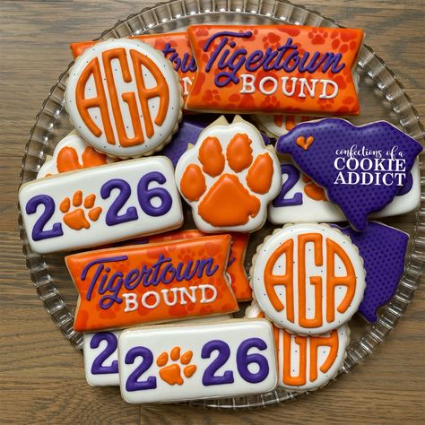 Clemson Cookies Decorated, Clemson Graduation Party, Clemson Dorm Room Ideas, Clemson Cookies, Clemson Birthday, Clemson Party, Clemson Dorm, Clemson Decor, Tiger Cookies