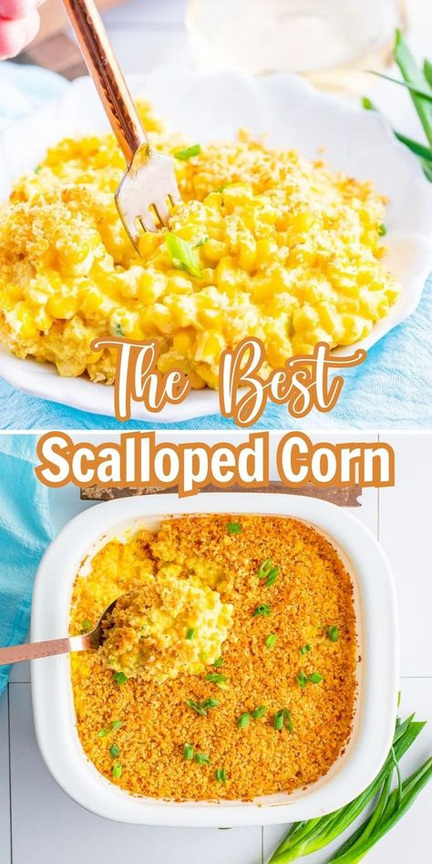 Collage of bowlful of scalloped corn casserole at top and overhead shot of dish full of scalloped corn casserole at bottom. Corn Casserole With Ritz Crackers, Baked Corn Recipes, Casserole With Ritz Crackers, Scalloped Corn Casserole, Ritz Cracker Topping, Scalloped Corn, Creamy Corn Casserole, Ritz Cracker Recipes, Cracker Toppings